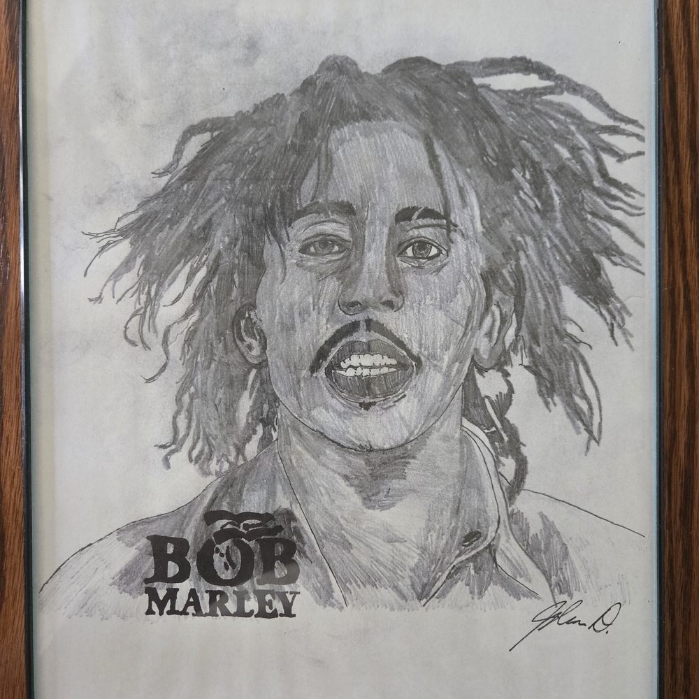 Framed Bob Marley Sketch Art in Black and Gray